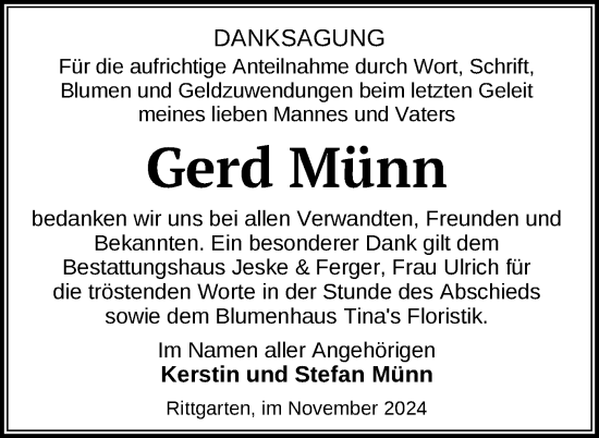 Traueranzeige von Gerd Münn von Uckermark Kurier Prenzlauer Zeitung