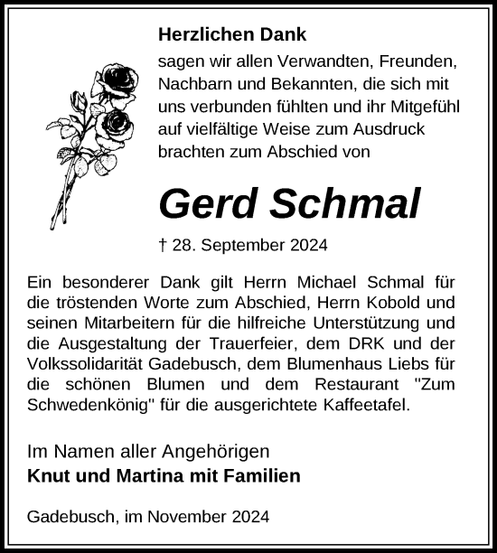 Traueranzeige von Gerd Schmal von Gadebusch - Rehnaer Zeitung