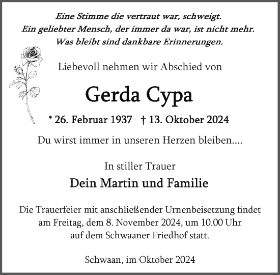 Traueranzeige von Gerda Cypa von Güstrow und Bützow