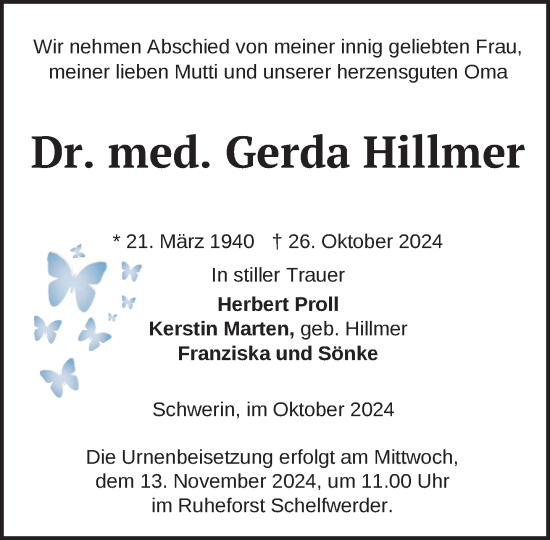 Traueranzeige von Gerda Hillmer von Zeitung für die Landeshauptstadt