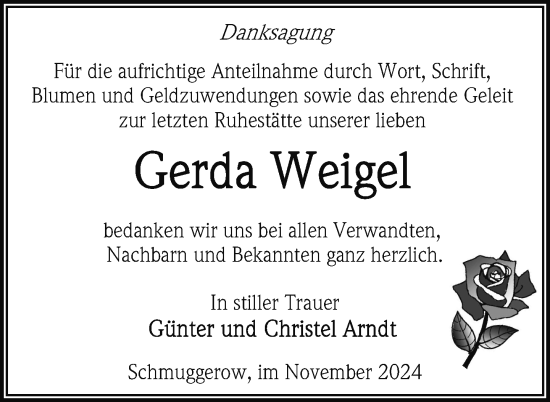 Traueranzeige von Gerda Weigel von Nordkurier Vorpommern Kurier