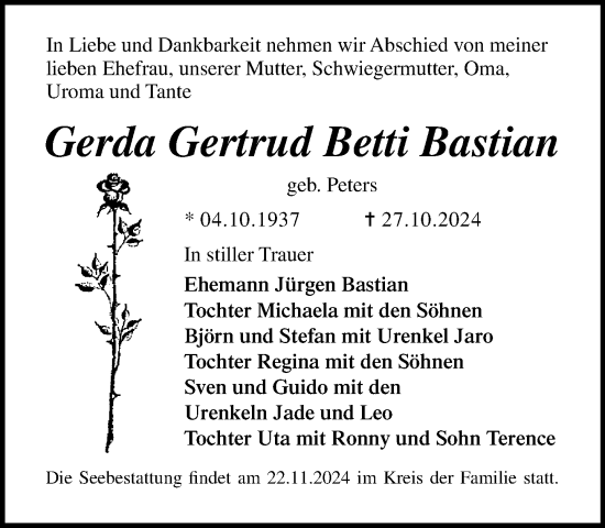 Traueranzeige von Gerda Gertrud Betti Bastian von Norddeutsche Neueste Nachrichten