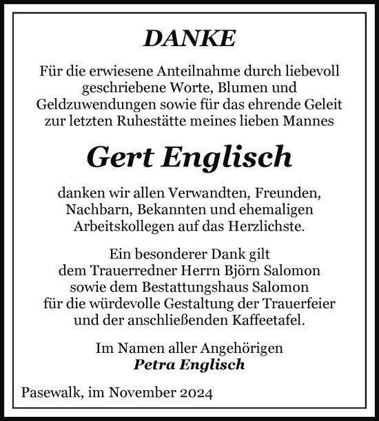 Traueranzeige von Gert Englisch von Nordkurier Pasewalker Zeitung