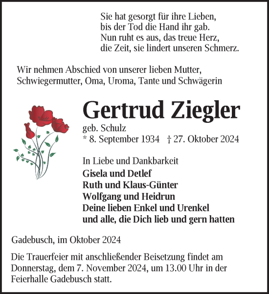 Traueranzeige von Gertrud Ziegler von Gadebusch - Rehnaer Zeitung