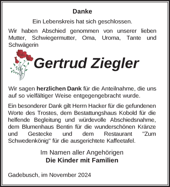 Traueranzeige von Gertrud Ziegler von Gadebusch - Rehnaer Zeitung