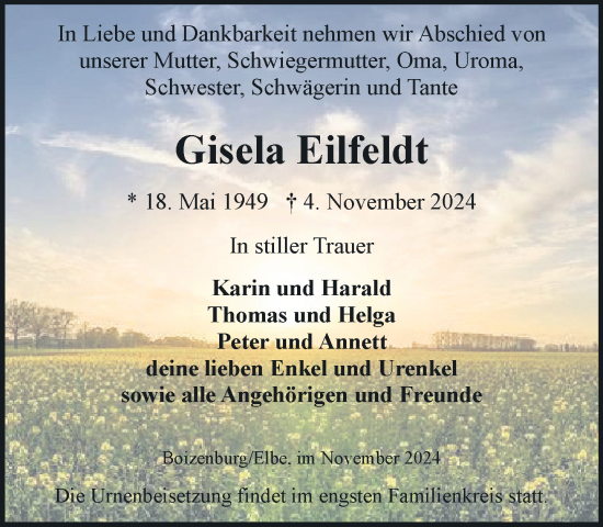 Traueranzeige von Gisela Eilfeldt von Hagenower Kreisblatt