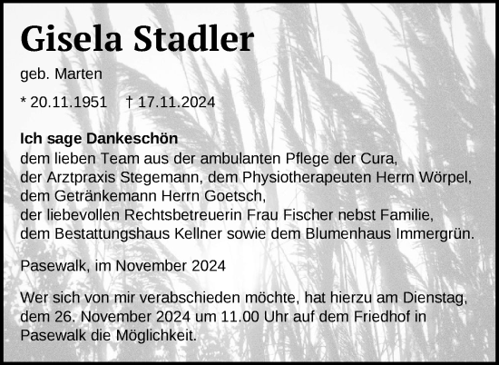 Traueranzeige von Gisela Stadler von Nordkurier Pasewalker Zeitung