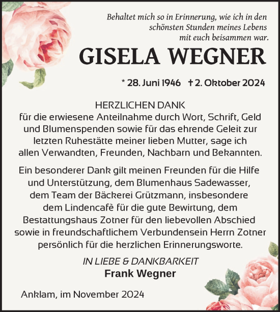 Traueranzeige von Gisela Wegner von Nordkurier Vorpommern Kurier