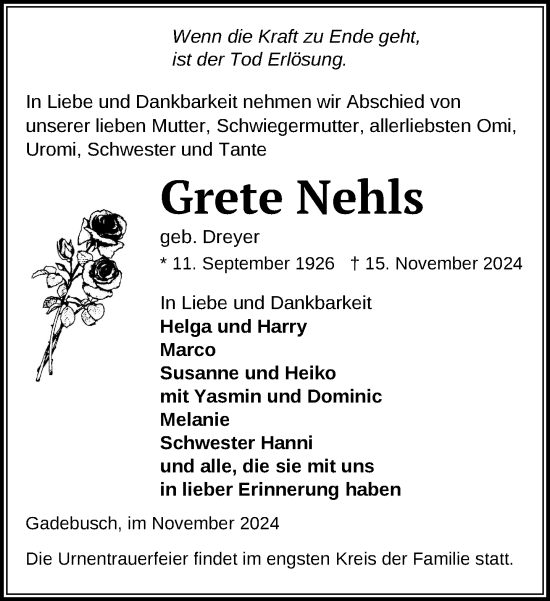 Traueranzeige von Grete Nehls von Gadebusch - Rehnaer Zeitung