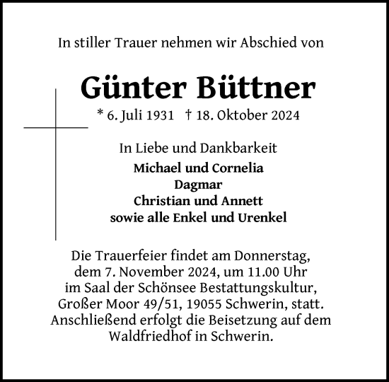 Traueranzeige von Günter Büttner von Zeitung für die Landeshauptstadt