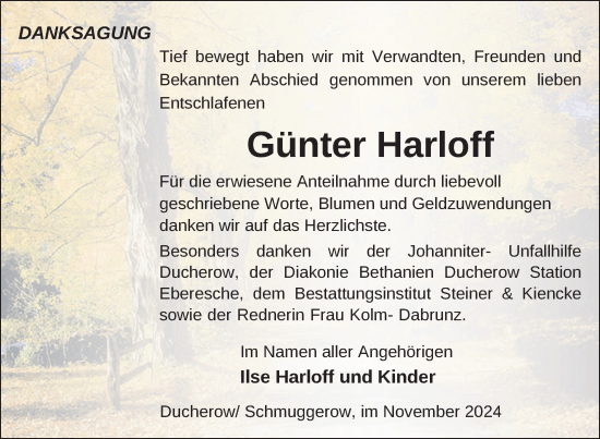 Traueranzeige von Günter Harloff von Nordkurier Vorpommern Kurier