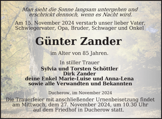 Traueranzeige von Günter Zander von Nordkurier Vorpommern Kurier