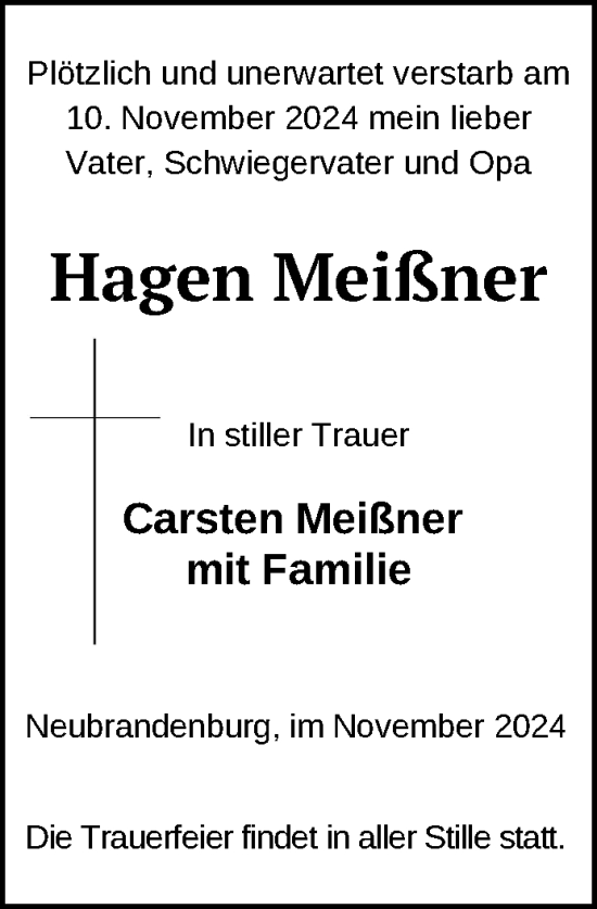 Traueranzeige von Hagen Meißner von Nordkurier Neubrandenburger Zeitung