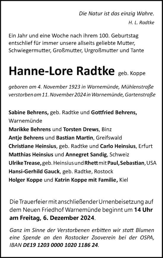 Traueranzeige von Hanne-Lore Radtke von Norddeutsche Neueste Nachrichten