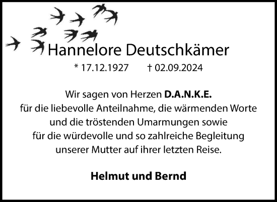 Traueranzeige von Hannelore Deutschkämer von Anzeiger für Sternberg - Brüel - Warin