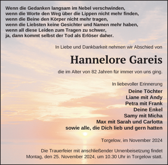 Traueranzeige von Hannelore Gareis von Nordkurier Haff-Zeitung