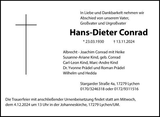 Traueranzeige von Hans-Dieter Conrad von Uckermark Kurier Templiner Zeitung