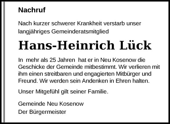 Traueranzeige von Hans-Heinrich Lück von Nordkurier Vorpommern Kurier