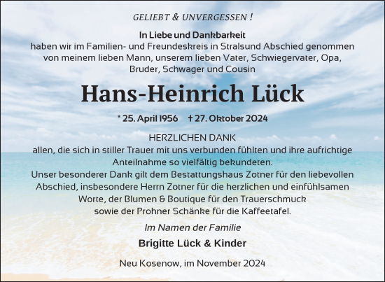 Traueranzeige von Hans-Heinrich Lück von Nordkurier Vorpommern Kurier