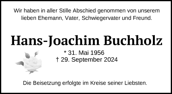 Traueranzeige von Hans-Joachim Buchholz von Zeitung für die Landeshauptstadt