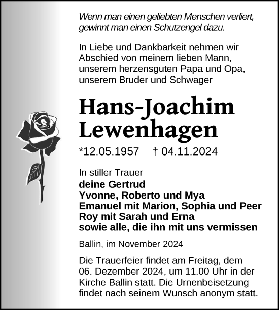 Traueranzeige von Hans-Joachim Lewenhagen von Nordkurier Neubrandenburger Zeitung