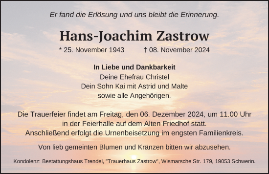 Traueranzeige von Hans-Joachim Zastrow von Zeitung für die Landeshauptstadt