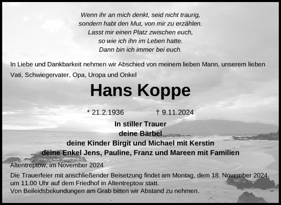 Traueranzeige von Hans Koppe von Nordkurier Neubrandenburger Zeitung