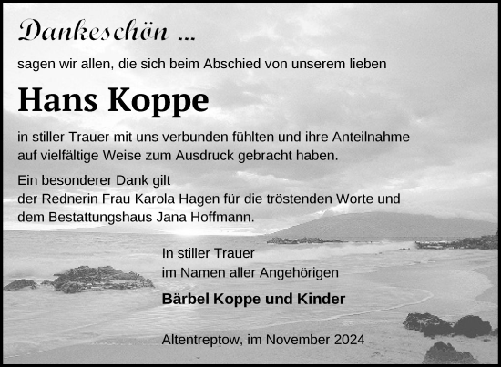 Traueranzeige von Hans Koppe von Nordkurier Neubrandenburger Zeitung