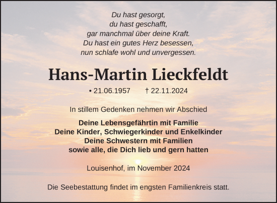 Traueranzeige von Hans-Martin Lieckfeldt von Nordkurier Haff-Zeitung