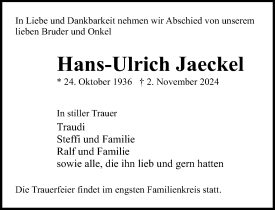 Traueranzeige von Hans-Ulrich Jaeckel von Norddeutsche Neueste Nachrichten