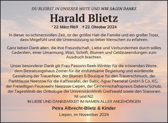 Traueranzeige von Harald Blietz von Nordkurier Vorpommern Kurier