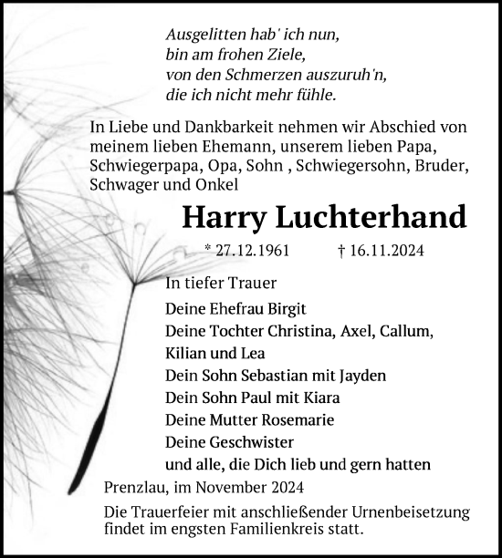 Traueranzeige von Harry Luchterhand von Uckermark Kurier Prenzlauer Zeitung