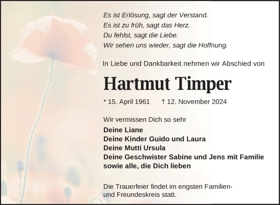 Traueranzeige von Hartmut Timper von Nordkurier Müritz-Zeitung