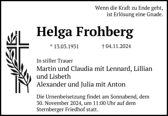 Traueranzeige von Helga Frohberg von Anzeiger für Sternberg - Brüel - Warin