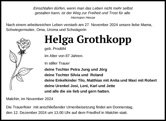 Traueranzeige von Helga Grothkopp von Nordkurier Mecklenburger Schweiz