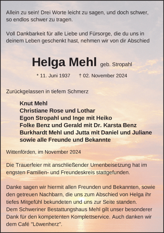 Traueranzeige von Helga Mehl von Zeitung für die Landeshauptstadt