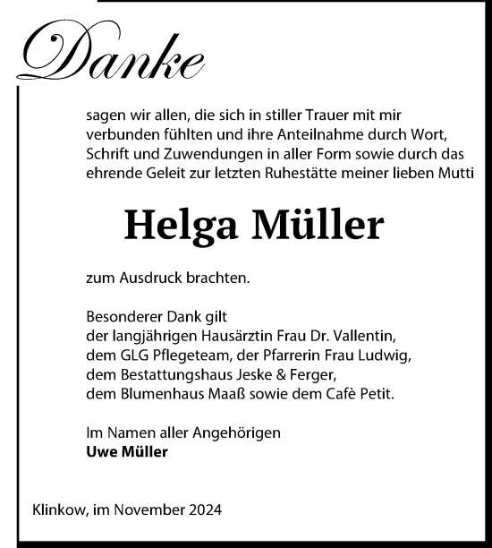 Traueranzeige von Helga Müller von Uckermark Kurier Prenzlauer Zeitung