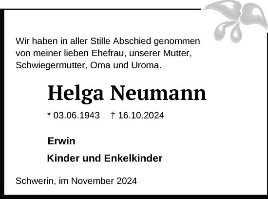 Traueranzeige von Helga Neumann von Anzeiger für Sternberg - Brüel - Warin