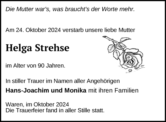 Traueranzeige von Helga Strehse von Nordkurier Müritz-Zeitung