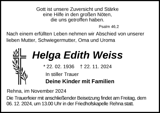 Traueranzeige von Helga Edith Weiss von Gadebusch - Rehnaer Zeitung