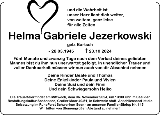 Traueranzeige von Helma Gabriele Jezerkowski von Zeitung für die Landeshauptstadt