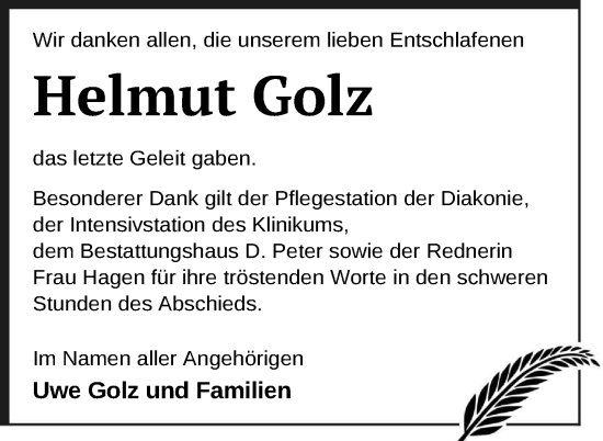 Traueranzeige von Helmut Golz von Nordkurier Neubrandenburger Zeitung