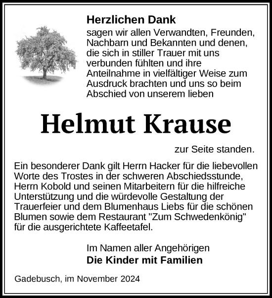 Traueranzeige von Helmut Krause von Gadebusch - Rehnaer Zeitung