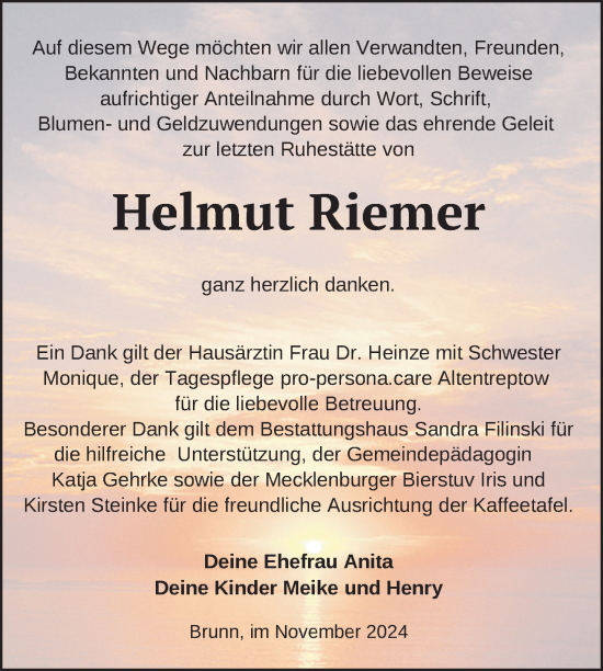 Traueranzeige von Helmut Riemer von Nordkurier Neubrandenburger Zeitung