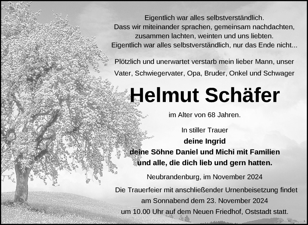  Traueranzeige für Helmut Schäfer vom 09.11.2024 aus Nordkurier Neubrandenburger Zeitung