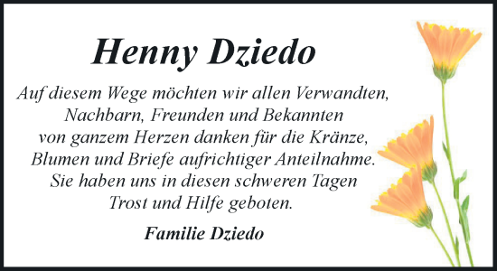 Traueranzeige von Henny Dziedo von Zeitung für die Landeshauptstadt