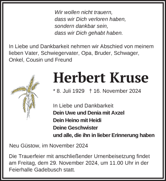 Traueranzeige von Herbert Kruse von Gadebusch - Rehnaer Zeitung