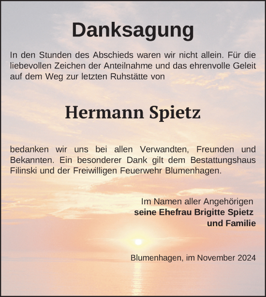 Traueranzeige von Hermann Spietz von Nordkurier Pasewalker Zeitung