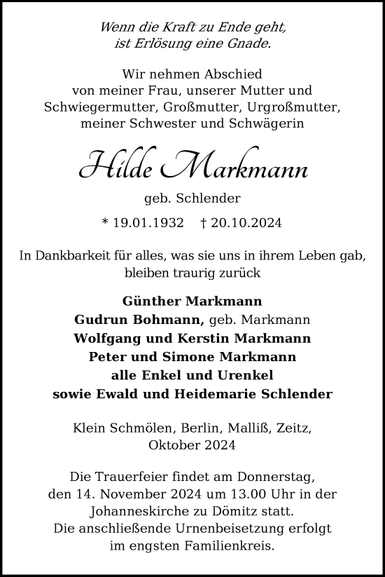 Traueranzeige von Hilde Markmann von Ludwigsluster Tageblatt