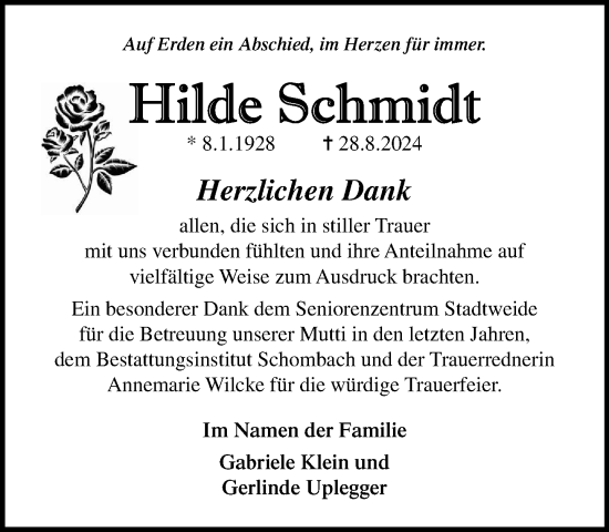 Traueranzeige von Hilde Schmidt von Norddeutsche Neueste Nachrichten